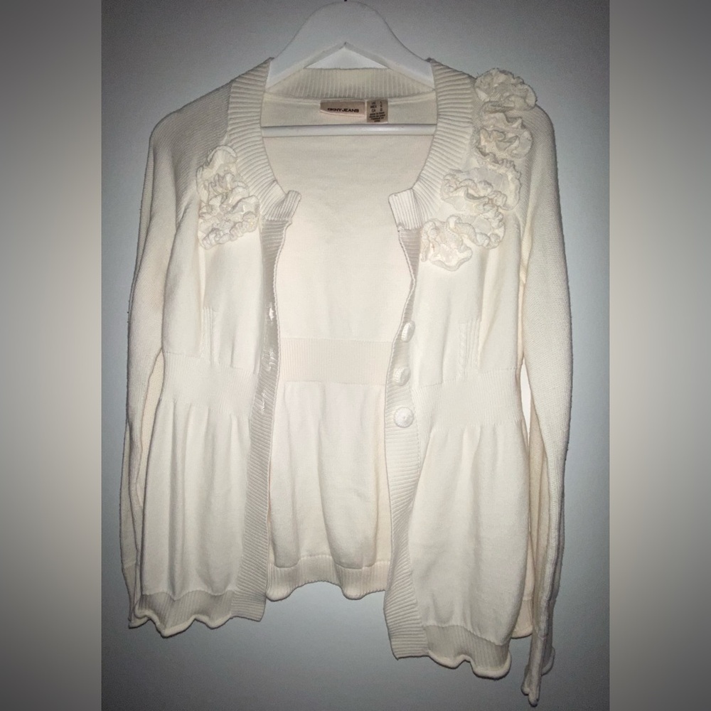 DKNY embellished ruffled floral collar 100% Cotton knit cardigan sweater size L